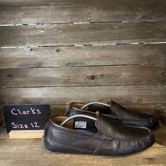 Mens Clarks Marksman Dark Brown Leather Slip On Loafers‎ Shoes Size 12 M GUC - Picture 1 of 6